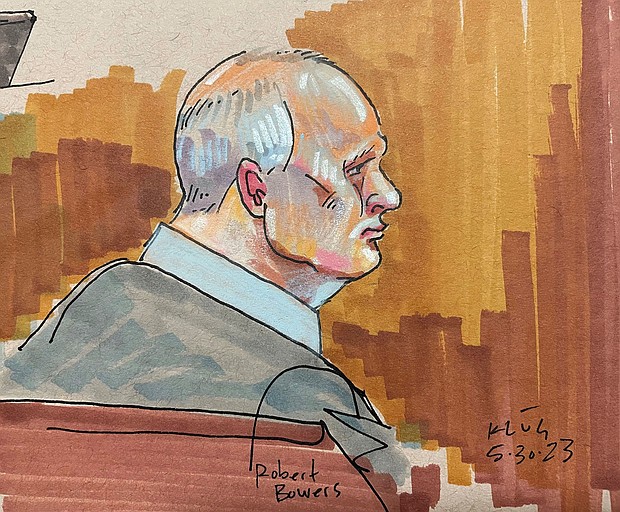 Robert Bowers, the Tree of Life synagogue attacker, is seen in this courtroom sketch.
Mandatory Credit:	David Klug/AP