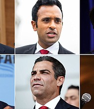 Top row, from left: Tim Scott, Vivek Ramaswamy, Nikki Haley; Bottom row, from left: Will Hurd, Francis Suarez, Larry Elder.
Mandatory Credit:	Michael A. McCoy/Tom Williams/Alex Wong/Scott Olson/Mario Tama/Getty Images