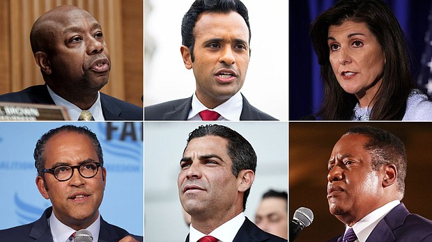 Top row, from left: Tim Scott, Vivek Ramaswamy, Nikki Haley; Bottom row, from left: Will Hurd, Francis Suarez, Larry Elder.
Mandatory Credit:	Michael A. McCoy/Tom Williams/Alex Wong/Scott Olson/Mario Tama/Getty Images