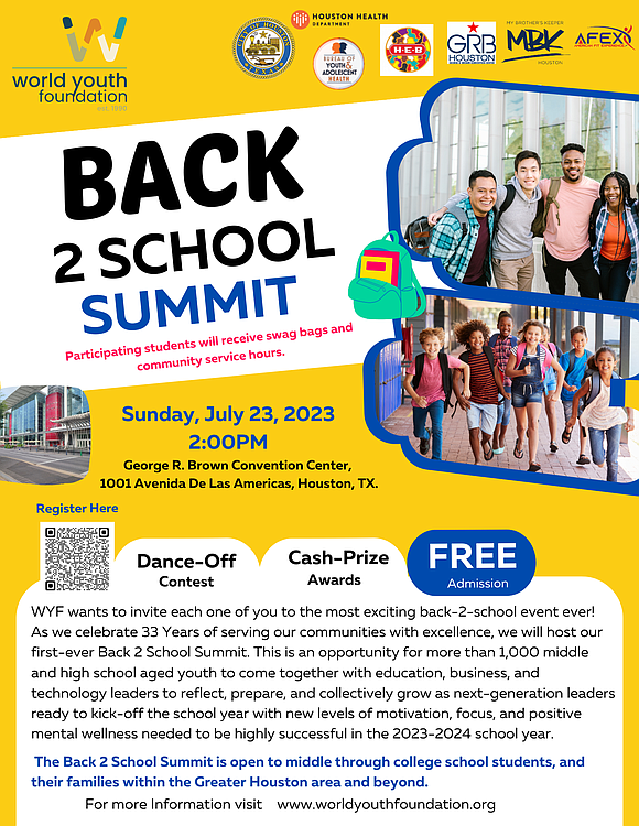 World Youth Foundation is hosting a free Back 2 School Summit Saturday, July 23, 2023 at The George R. Brown …
