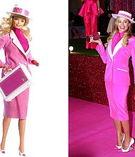 Margot Robbie’s suited 'day' look at the Seoul premiere of Barbie was a throwback to 'Day to Night' Barbie from 1985.
Mandatory Credit:	Mattel; Han Myung-Gu/WireImage/Getty Images