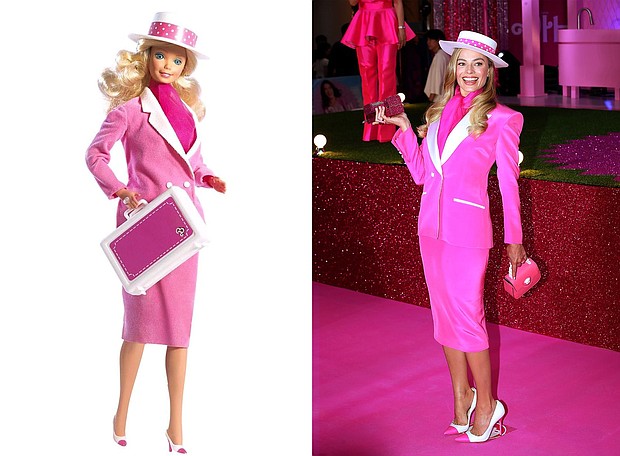 Margot Robbie’s suited 'day' look at the Seoul premiere of Barbie was a throwback to 'Day to Night' Barbie from 1985.
Mandatory Credit:	Mattel; Han Myung-Gu/WireImage/Getty Images