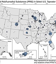This USGS map shows the number of PFAS detected in tap water samples from select sites across the nation. The findings are based on a USGS study of samples taken between 2016 and 2021 from private and public supplies at 716 locations. The map does not represent the only locations in the US with PFAS.
Mandatory Credit:	USGS