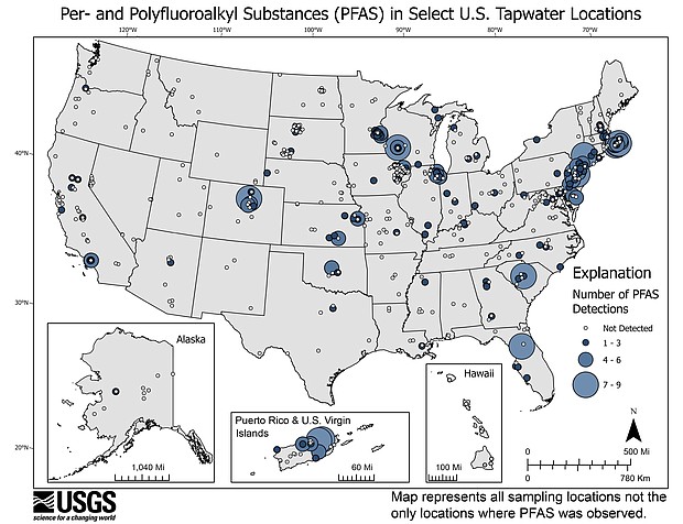 This USGS map shows the number of PFAS detected in tap water samples from select sites across the nation. The findings are based on a USGS study of samples taken between 2016 and 2021 from private and public supplies at 716 locations. The map does not represent the only locations in the US with PFAS.
Mandatory Credit:	USGS