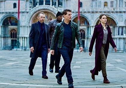 Simon Pegg, Ving Rhames, Tom Cruise and Rebecca Ferguson in Mission Impossible Dead Reckoning Part One