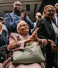 Survivors Lessie Benningfield Randle, Viola Fletcher and Hughes Van Ellis are pictured at the 100th anniversary of the Tulsa Race Massacre on June 1, 2021.
Mandatory Credit:	Brandon Bell/Getty Images