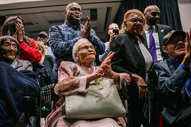 Survivors Lessie Benningfield Randle, Viola Fletcher and Hughes Van Ellis are pictured at the 100th anniversary of the Tulsa Race Massacre on June 1, 2021.
Mandatory Credit:	Brandon Bell/Getty Images