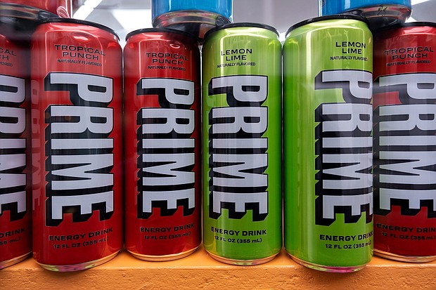 Various flavors of the energy drink PRIME for sale in a shop window in London.
Mandatory Credit:	Mike Kemp/In Pictures/Getty Images