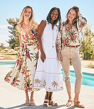 Left to Right:
Left:
Villa Views Sl
eeveless Maxi Dress Color: Coconut $188
Andre Assous Joie Block Heel Strap Sandal Color: Tan $259
Middle:
St. Lucia Palm Midi Dress Color: White $178
Andre Assous Nolita Raffia Wedge Color: Sand $139
Right:
Villa Views
Peasant Top Color: Coconut $158
Seaglass Denim Highrise Flare Color: Sandstone Wash $138
Andre Assous Aria Woven Sandal Color: Tan $149