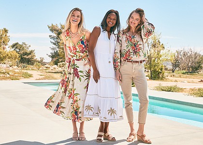 Left to Right:
Left:
Villa Views Sl
eeveless Maxi Dress Color: Coconut $188
Andre Assous Joie Block Heel Strap Sandal Color: Tan $259
Middle:
St. Lucia Palm Midi Dress Color: White $178
Andre Assous Nolita Raffia Wedge Color: Sand $139
Right:
Villa Views
Peasant Top Color: Coconut $158
Seaglass Denim Highrise Flare Color: Sandstone Wash $138
Andre Assous Aria Woven Sandal Color: Tan $149