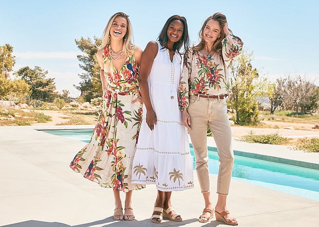 Left to Right:
Left:
Villa Views Sl
eeveless Maxi Dress Color: Coconut $188
Andre Assous Joie Block Heel Strap Sandal Color: Tan $259
Middle:
St. Lucia Palm Midi Dress Color: White $178
Andre Assous Nolita Raffia Wedge Color: Sand $139
Right:
Villa Views
Peasant Top Color: Coconut $158
Seaglass Denim Highrise Flare Color: Sandstone Wash $138
Andre Assous Aria Woven Sandal Color: Tan $149