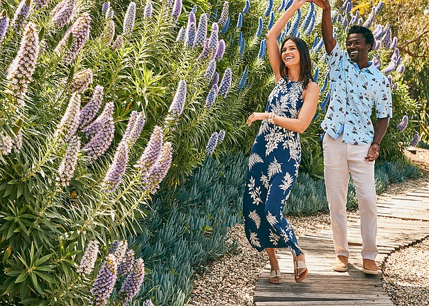 Him:
Atlantica Camp Shirt Color: Aqua Ice $148
Beach Coast Linen Pant
Color: Stone Khaki $128
Olukai Lae’ahi Lauhala Color: Fox $165
Her:
Jasmina Whisper Fronds Dress Color: Island Navy $198
Andre Assous Nice Flat Sandal Color: Beige $110