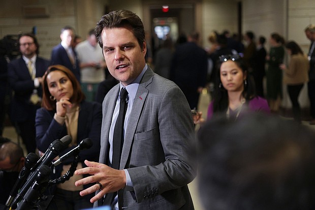 Rep. Matt Gaetz speaks in the US Capitol Visitors Center on November 15, 2022 in Washington, DC.
Mandatory Credit:	Alex Wong/Getty Images