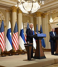 President Joe Biden, seen here with Finland's President Sauli Niinisto, in Helsinki on July 13 says Republican Sen. Tommy Tuberville is being “irresponsible” and jeopardizing national security by blocking military promotions over his objections to the Defense Department’s reproductive health policies.
Mandatory Credit:	Andrew Caballero-Reynolds/AFP/Getty Images
