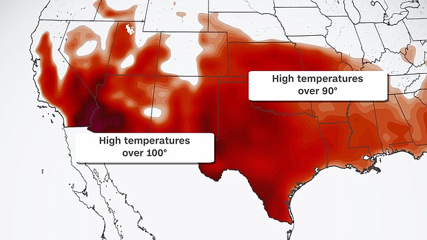 This graphic shows temperatures through midweek as another dangerous summer heat wave takes hold.
Mandatory Credit:	CNN