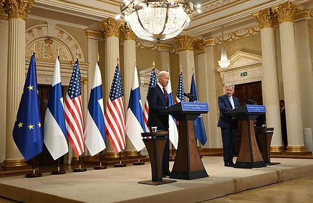 President Joe Biden, seen here with Finland's President Sauli Niinisto, in Helsinki on July 13 says Republican Sen. Tommy Tuberville is being “irresponsible” and jeopardizing national security by blocking military promotions over his objections to the Defense Department’s reproductive health policies.
Mandatory Credit:	Andrew Caballero-Reynolds/AFP/Getty Images