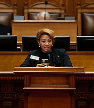Georgia state Rep. Mesha Mainor center, speaks in the House Chamber at the Georgia Capitol, March 6, in Atlanta. Mainor announced on July 11 that she was switching from the Democratic Party to the Republican Party, saying Democrats had driven her out for refusing to follow party orthodoxy.
Mandatory Credit:	Alex Slitz/AP
