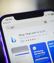 The Bing app is pictured here in the Apple App Store. Microsoft on Tuesday announced a more secure version of its AI-powered Bing.
Mandatory Credit:	Jaap Arriens/NurPhoto/Getty Images