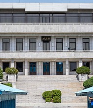 This photo, taken on May 9, shows North Korea's Panmon Hall (back) from the truce village of Panmunjom in the Joint Security Area of the Demilitarized Zone separating North and South Korea.
Mandatory Credit:	Anthony Wallace/AFP/Getty Images/File