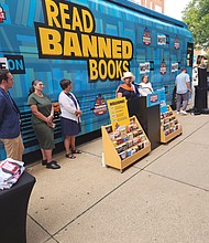 The political advocacy group MoveOn’s Banned Bookmobile made a stop at Richmond’s Main Public Library in Downtown during its trips around the country. The bookmobile is seeking counter book bans imposed by Florida’s Gov. Ron DeSantis and mostly Republican leaders in other states by rallying supporters and distributing free copies of award-winning books ranging from “To Kill a Mockingbird” to “The Hunger Games,” “Gender Queer,” “The Kite Runner” and “Beloved.” Dr. Lauranett Lee, a historian, educator and candidate for a seat on the Chesterfield County School Board, was among the speakers at the event.