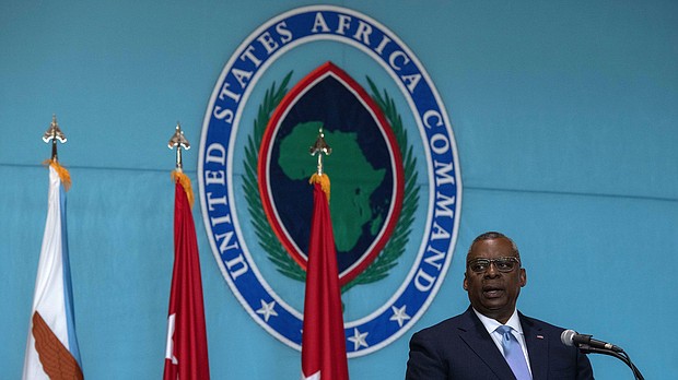 Secretary of Defense Lloyd J. Austin III delivers remarks at the US Africa Command Change of Command Ceremony at Kelley Barracks, US Army Garrison in Stuttgart, Germany in August 2022.
Mandatory Credit:	Staff Sgt. Julian Kemper/Office of the Secretary of Defense/File