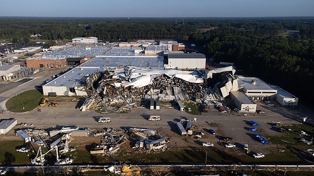 An aerial view shows a Pfizer facility in Rocky Mount, North Carolina, after a tornado. Most of the damage from July 19's tornado to a major Pfizer plant in North Carolina was to a warehouse facility, rather than areas that produce medicines, the drug giant said Friday.
Mandatory Credit:	Sean Rayford/Getty Images