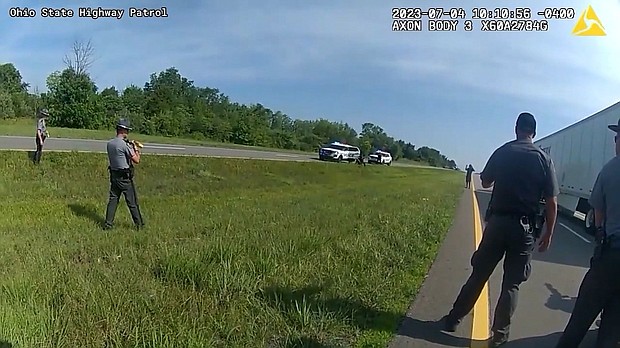 Video released by authorities captured the moments Jadarrius Rose, an unarmed Black man, was attacked by a police dog after a traffic stop.
Mandatory Credit:	Ohio State Highway Patrol