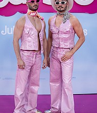 Casting editor Edgard Caro and photographer Jau Fornes wore matching pink denim cowboy looks.
Mandatory Credit:	A. Perez Meca/Europa Press/Getty Images