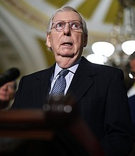 Senate Minority Leader Mitch McConnell talks to reporters following the weekly Senate Republican policy luncheon in the U.S. Capitol on February 14 in Washington, DC.
Mandatory Credit:	Chip Somodevilla/Getty Images