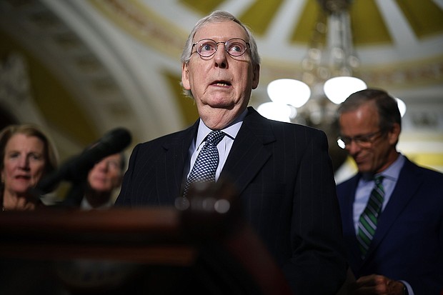 Senate Minority Leader Mitch McConnell talks to reporters following the weekly Senate Republican policy luncheon in the U.S. Capitol on February 14 in Washington, DC.
Mandatory Credit:	Chip Somodevilla/Getty Images
