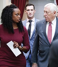 Shuwanza Goff, left, speaks with House Majority Leader Steny Hoyer of Maryland in January 2019 as they walk on Capitol Hill. President Biden announced that Ms. Goff will serve as assistant to the president and director of the Office of Legislative Affairs.