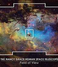 A simulated image shows what the Roman telescope's wide field of view will be compared with the small square that Hubble can observe.
Mandatory Credit:	GSFC