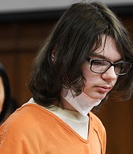 Ethan Crumbley appears at a pre-trial hearing at the Oakland County Courthouse in  Pontiac, Michigan, in 2022.
Mandatory Credit:	Clarence Tabb Jr./Detroit News via AP/FILE