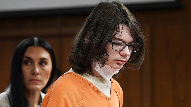 Ethan Crumbley appears at a pre-trial hearing at the Oakland County Courthouse in  Pontiac, Michigan, in 2022.
Mandatory Credit:	Clarence Tabb Jr./Detroit News via AP/FILE