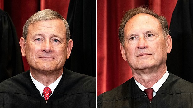 Chief Justice John Roberts (left) and Associate Justice Samuel Alito are seen here in a split image.
Mandatory Credit:	Erin Schaff/Pool/Getty Images