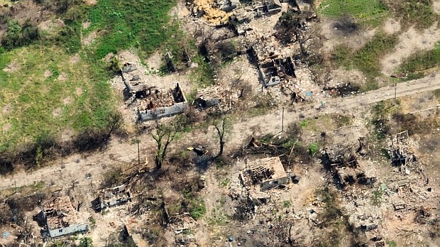 Images from drone footage show the extensive damage to Staromayorske, Ukraine.
Mandatory Credit:	CNN