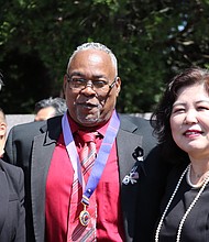 Gov Tina Kotek and Publisher of the Portland Observer Newspaper, Mark Washington receives Peace Medals on behalf of honoring their fathers Jerry A. Kotek and Duane Washington from the honorable Seo, Eunji Consul General.