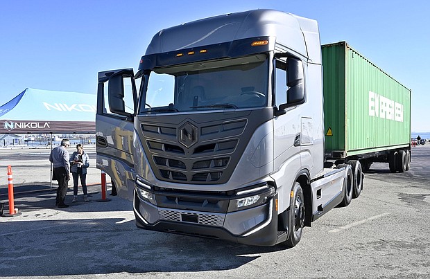The first two zero-emissions electric trucks, from an order of 100 vehicles, delivered from the Nikola Corporation to Total Transportation  Services at the Port of Los Angeles in San Pedro on December 17, 2021.
Mandatory Credit:	Brittany Murray/MediaNews Group/Long Beach Press-Telegram/Getty Images