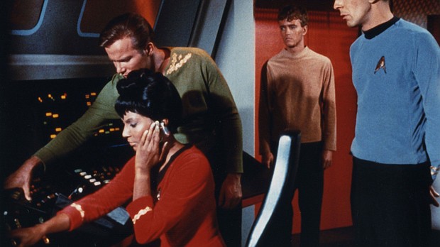 William Shatner, Leonard Nimoy and Nichelle Nichols in the original "Star Trek" TV series. Nichols' portrayal of Lt. Uhura is still considered groundbreaking to this day.
Mandatory Credit:	Paramount Television/Kobal/Shutterstock