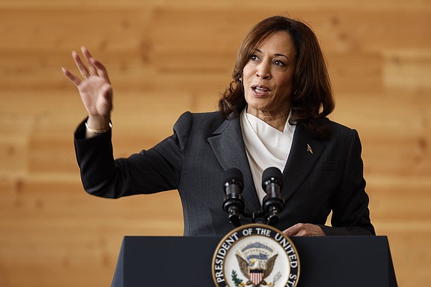 Vice President Kamala Harris delivers remarks while visiting Sycamore & Oak, a minority-owned retail village that houses other local small businesses, on August 4 in Washington, DC.
Mandatory Credit:	Chip Somodevilla/Getty Images