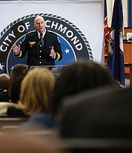 City of Richmond Chief of Police Rick Edwards speaks to the audience after his July 24 swearing-in ceremony at Richmond City Hall.