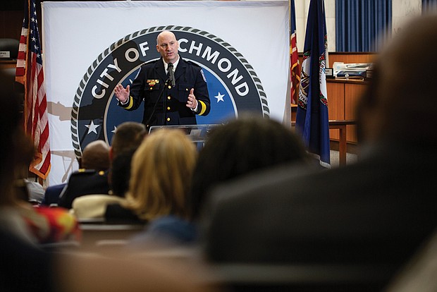 City of Richmond Chief of Police Rick Edwards speaks to the audience after his July 24 swearing-in ceremony at Richmond City Hall.