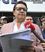 Former Assembly member and Ecuador presidential candidate, Fernando Villavicencio, speaks to journalists at the Attorney General's Office in Quito on August 8.
Mandatory Credit:	Rodrigo Buendia/AFP/Getty Images