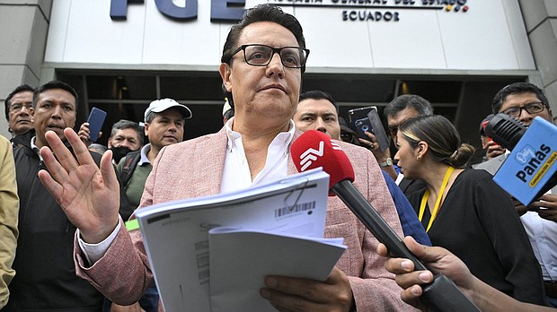 Former Assembly member and Ecuador presidential candidate, Fernando Villavicencio, speaks to journalists at the Attorney General's Office in Quito on August 8.
Mandatory Credit:	Rodrigo Buendia/AFP/Getty Images