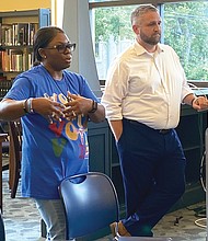 Sheba Williams, founder of Nolef Turns, and Rob Poggenklass, executive director of Justice Forward Virginia, speak at the July 15 expungement workshop.