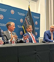 From left: Dell Medical School Dean Claudia F. Lucchinetti, UT Austin President Jay Hartzell, UT System Board of Regents Chairman Kevin P. Eltife, UT System Chancellor James B. Milliken and UT MD Anderson President Peter Pisters.