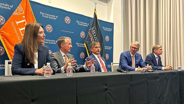 From left: Dell Medical School Dean Claudia F. Lucchinetti, UT Austin President Jay Hartzell, UT System Board of Regents Chairman Kevin P. Eltife, UT System Chancellor James B. Milliken and UT MD Anderson President Peter Pisters.