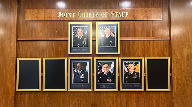 The wall at the Pentagon featuring the Joint Chiefs of Staff. Three of the positions are vacant due to GOP Sen. Tommy Tuberville's hold on Senate-confirmed officers.
Mandatory Credit:	Haley Britzkey/CNN