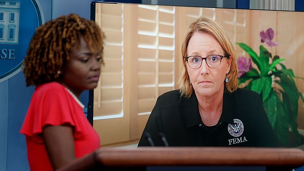 Federal Emergency Management Agency Administrator Deanne Criswell speaks via video during a news briefing with White House press secretary Karine Jean-Pierre at the White House on August 14, in Washington, DC.
Mandatory Credit:	Anna Moneymaker/Getty Images