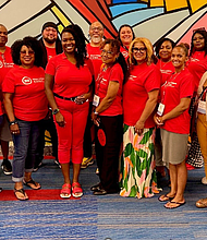 From left to right: Crystal Chane Mathis, Nathaniel Hamlett, Jennifer Parrish Taylor, Kevin Rogers, Arleta Christain, Kashae Kilson-Anderson, Urban League of Portland CEO and President Nkenge Harmon Johnson, Esq. (center), Justice Rajee, Mamie Powell, Zana Mosely, Rachell Hall, Marqueesha Ollison, Lauren Smith, Leor Beverly, Markqula Bradley, Salinda Mingo, Charles Fitz.  Photo credit: Meera Bowman-Johnson
